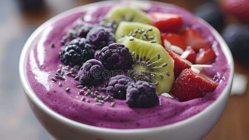 Colorful smoothie bowls with fresh fruit and toppings. stock photo