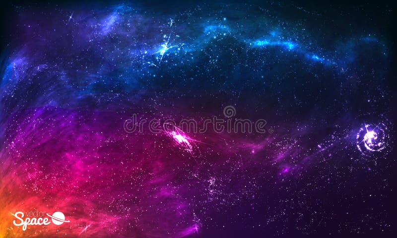 Colorful Space Galaxy Background with Shining Stars, Stardust and Nebula. Vector Illustration for artwork, party flyers