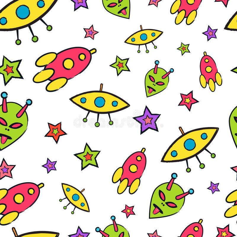 Colorful space hand drawn seamless pattern design. Bright trendy royalty free illustration