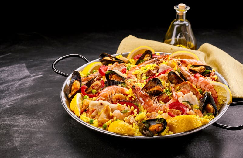  Colorful Spanish Seafood Paella Dish With Oil Stock Photo 