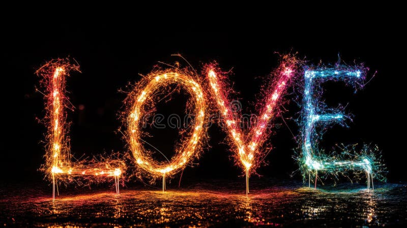 Colorful sparkler light writing displaying the word love on a dark background The 14th of February. Happy Valentine royalty free stock photography