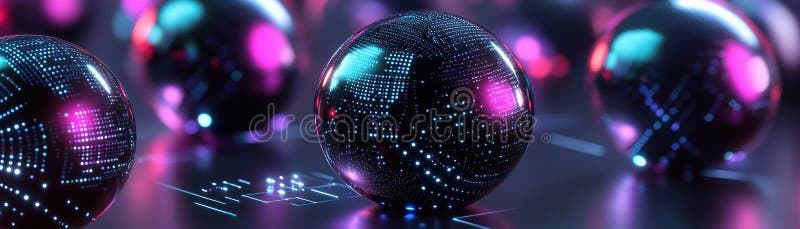 Colorful Spherical Objects with Glowing Patterns Arranged on a ...