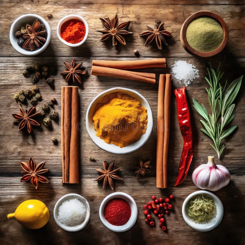 Condimente și plante aromatice colorate într-un design plat și înnobilat. royalty free illustration