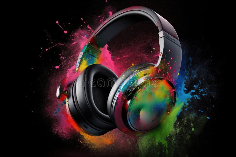 Colorful Spray Paint Splatter Over Headphones. Generative AI Stock