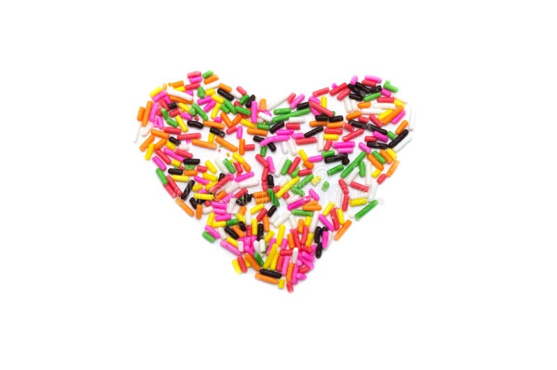 Colorful sprinkles sugar decoration for topping cake and bakery as heart concept isolated on white