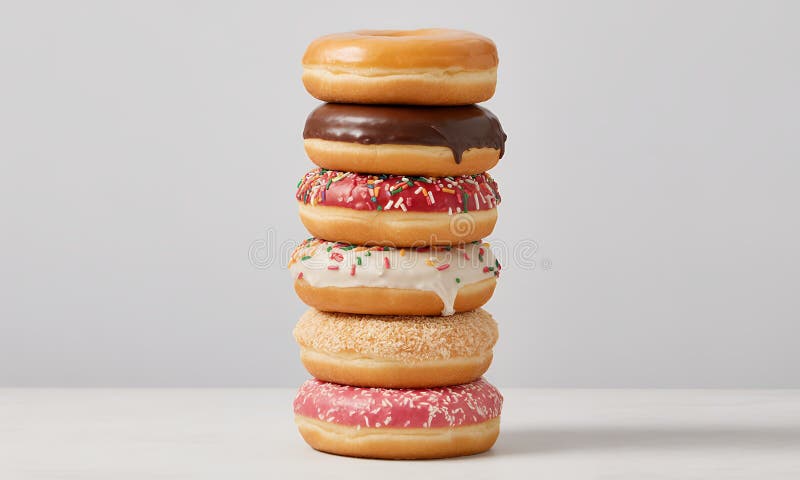Towering Stack of Six Assorted Donuts with Colorful Glazes and Sprinkles on White Seamless Background Perfect for National Donut vector illustration