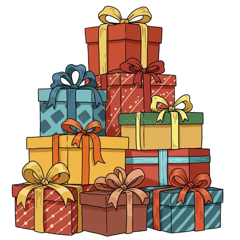Colorful stack of gift boxes with various sizes and patterns. Each box is wrapped in stock illustration