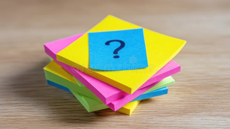 The colorful stack of sticky notes with a question mark on top. image royalty free stock photography.