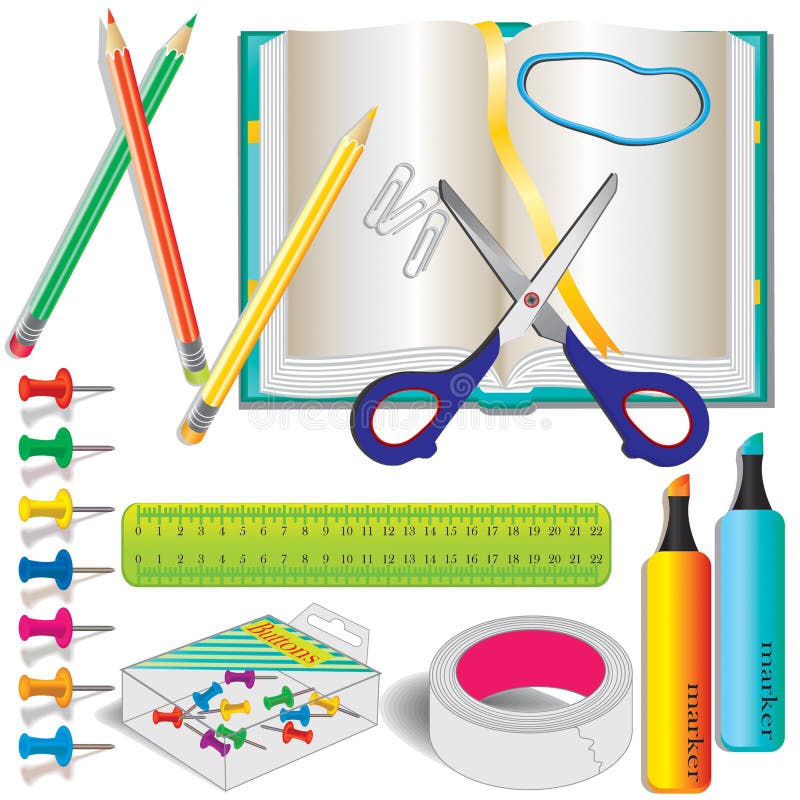 Colorful Stationery, School Supplies Stock Vector Illustration of pencil, tape 15624778