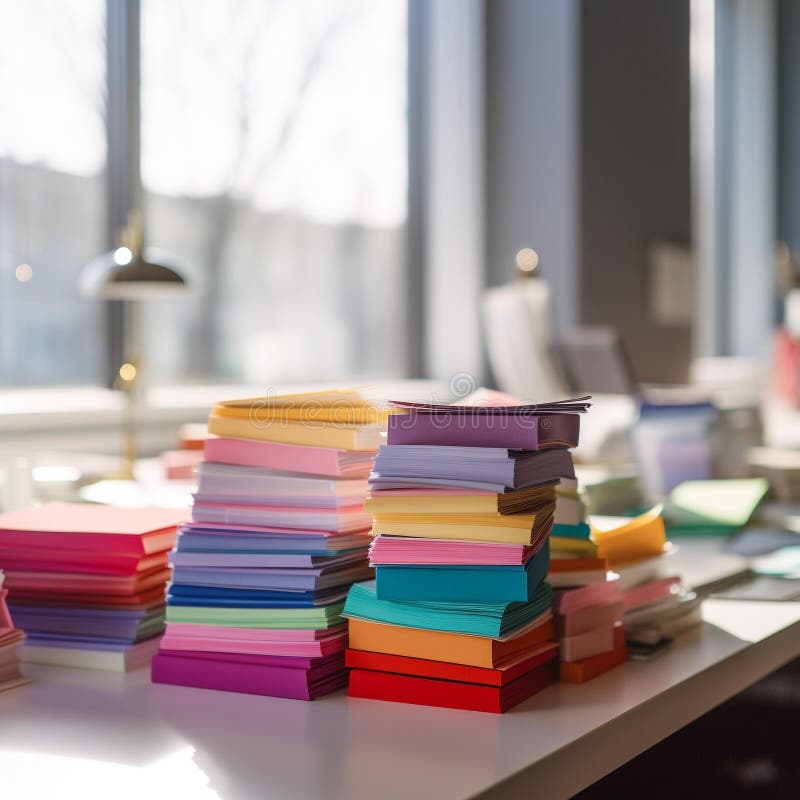 Colorful Stationery Stack on White Desk in Coworking Space Stock