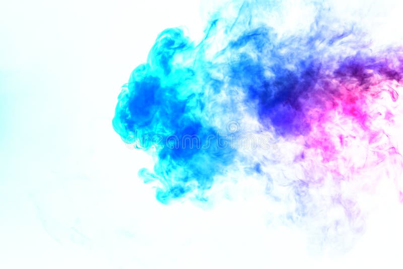 Colorful steam exhaled from the vape with a smooth transition of color molecules from turquoise to blue on a white background like a collision of two jets of smoke. Malicious virus and drug injection