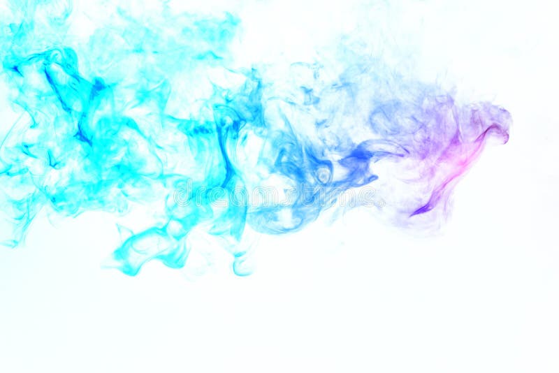 Colorful steam exhaled from the vape with a smooth transition of color molecules from turquoise to blue on a white background like a collision of two jets of smoke. Malicious virus and drug injection