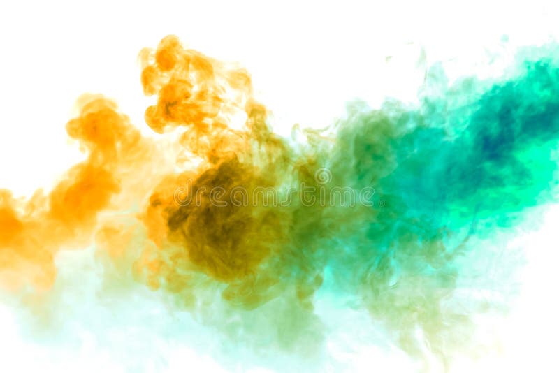 Colorful steam exhaled from the vape with a smooth transition of color molecules from yellow to blue on a white background like a