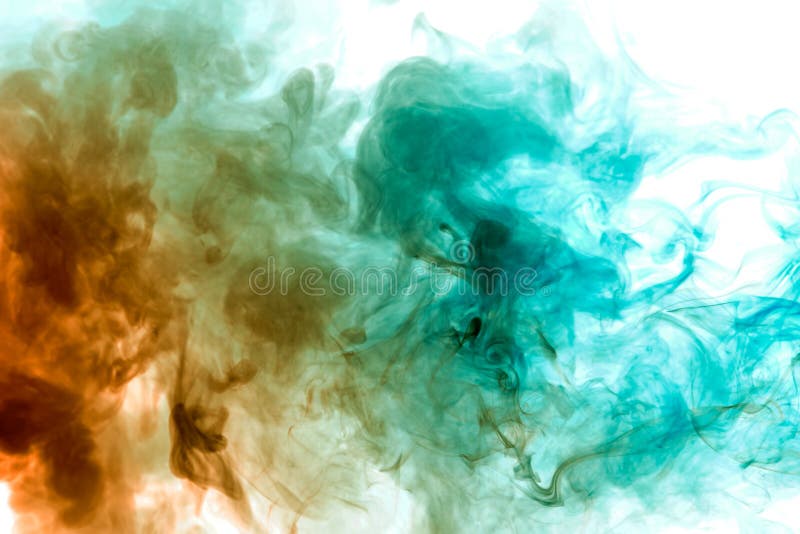 Colorful steam exhaled from the vape with a smooth transition of color molecules from yellow to blue on a white background like a