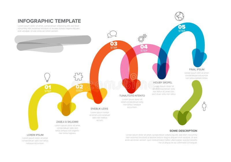 A vibrant 5-step infographic template, with colorful wavy arrow design. This infographic template uses distinct steps and icons to represent a process or timeline with clear, engaging visual flow. Wavy timeline vectors