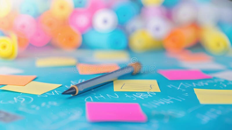 Colorful sticky notes are scattered across a blue surface, displaying various hues like pink, yellow, and orange. A pencil lies across the notes, its dark body contrasting with the vibrant colors. In the background, blurred rolls of paper in additional bright colors create a soft, diffused effect. White handwritten notes and symbols are faintly visible on the surface, adding texture and context to the setting. The combination of colorful elements against the blue background creates a lively, artistic atmosphere. Handwritten symbols illustrations