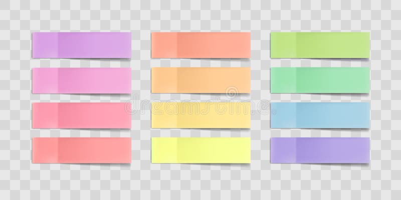 Colorful sticky notes, stickers with shadows isolated on a transparent background. Multicolor paper adhesive tape vector illustration