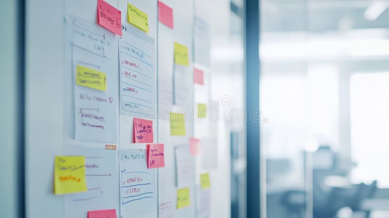 Colorful sticky notes on whiteboard for project planning and brainstorming a royalty free illustration