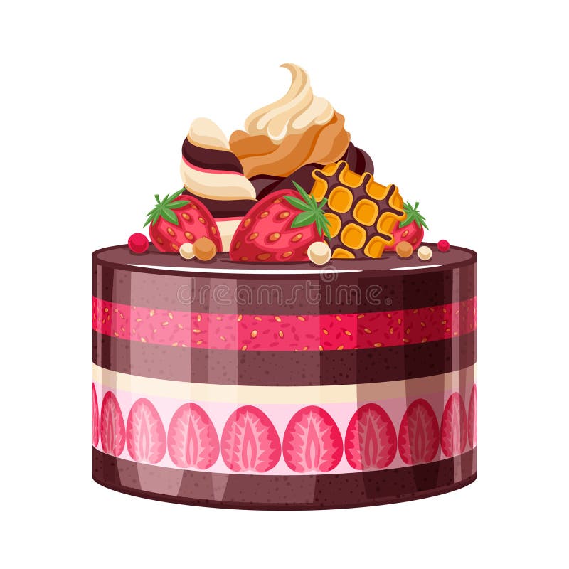 Colorful strawberry and chocolate birthday cake decorated with berries, waffles and cream vector illustration.
