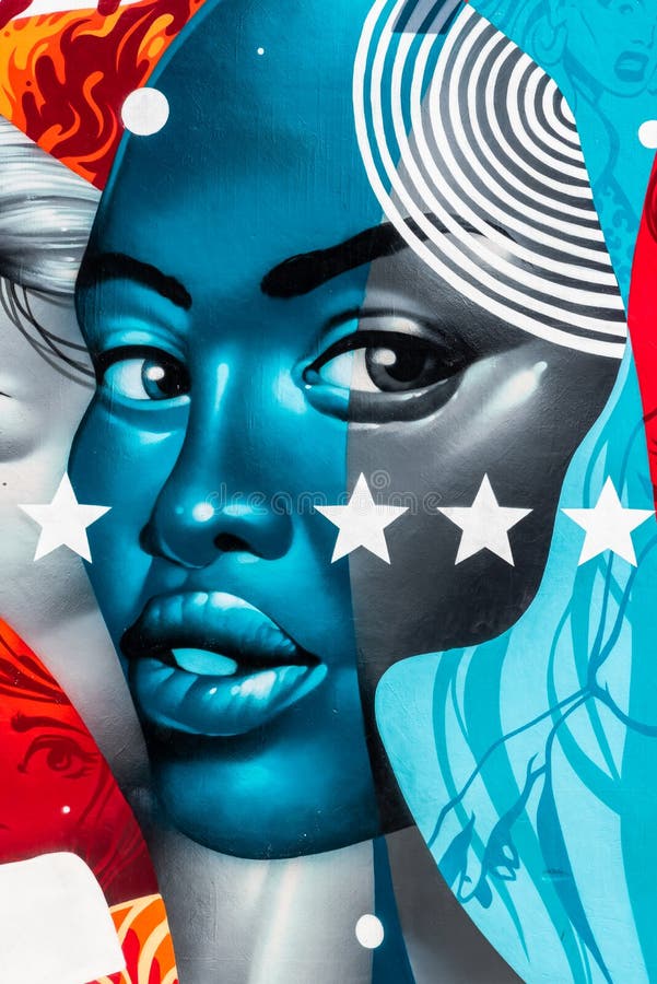 Colorful street art graffiti mural showing face of beautiful bold afro american woman and the stars of the american flag vector illustration Colorful street art graffiti mural showing face of beautiful bold afro american woman and the stars of the american flag vector illustration