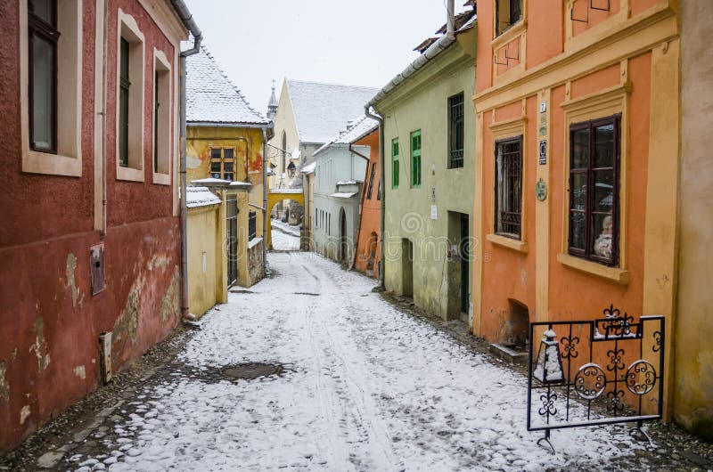 Colorful street in Sighisoara, Romania stock photos Colorful street in Sighisoara, Romania stock photos