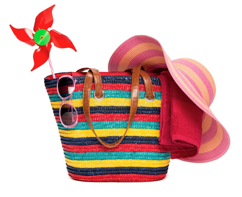 Colorful Striped Beach Bag with a Hat Sun Mat Towel and Sunglasses ...