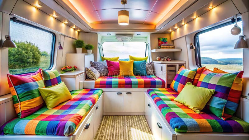 A Colorful and Stylish Van Conversion Interior Spacious Bedroom with Modern White Cabinets Perfect for Adventure and vector illustration