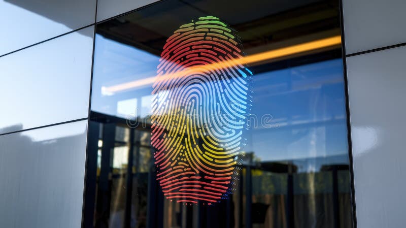 Colorful stylized fingerprint display on modern glass wall, symbolizing security and authentication. vector illustration