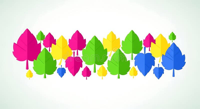 Colorful, stylized tree silhouettes arranged in a horizontal line. Trees feature simp stock illustration
