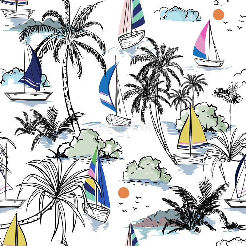Colorful Summer Beautiful seamless pattern island with boat and royalty free illustration