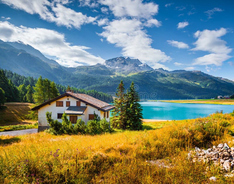 Colorful summer morning on the Silvaplana village.