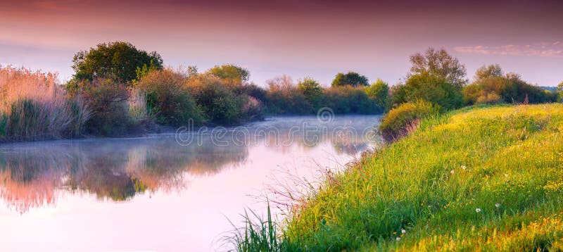 Colorful summer panorama of river