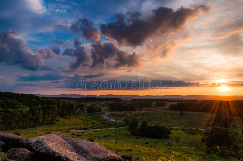 Colorful summer sunset from Little Roundtop in Gettysburg, Pennsylvania.