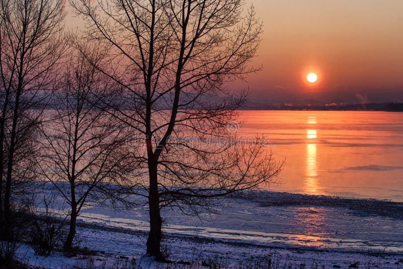 Farebný východ slnka nad stromom a jazerom