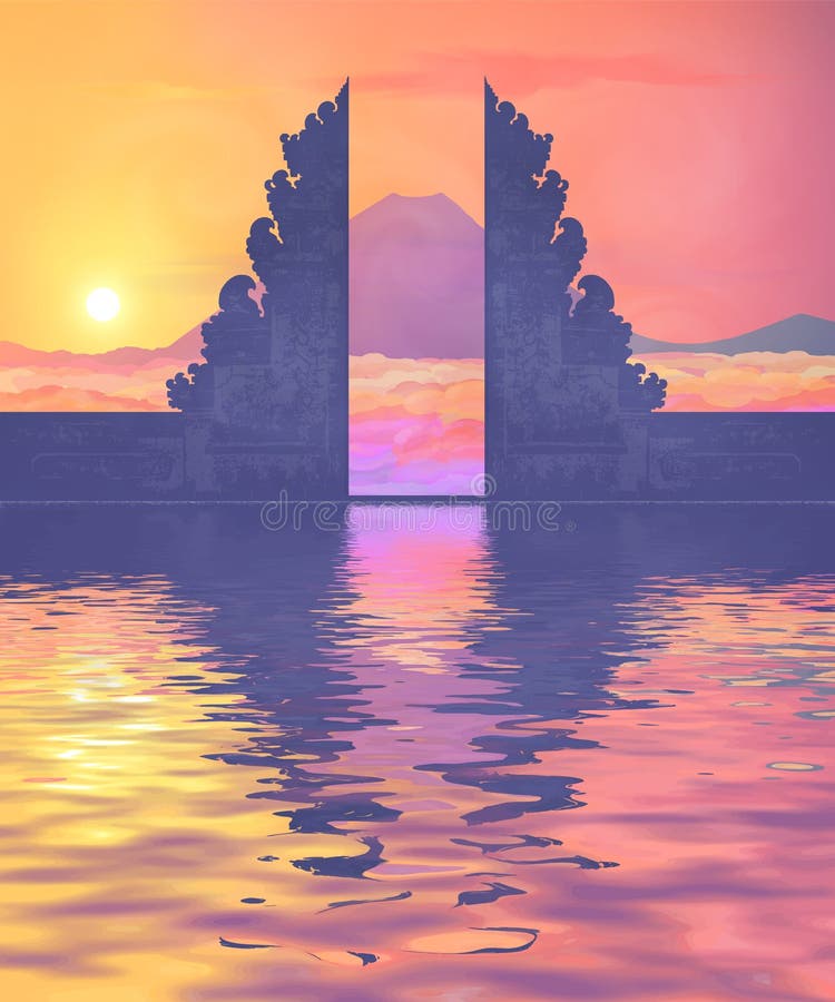 Colorful sunset view on Balinese temple portal silhouette, mountain view in clouds and water reflection. Vector