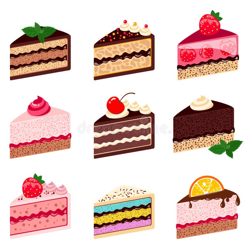 Colorful sweet cakes slices pieces on white background