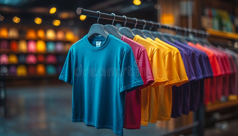 Colorful t-shirts displayed in a shop stock photography