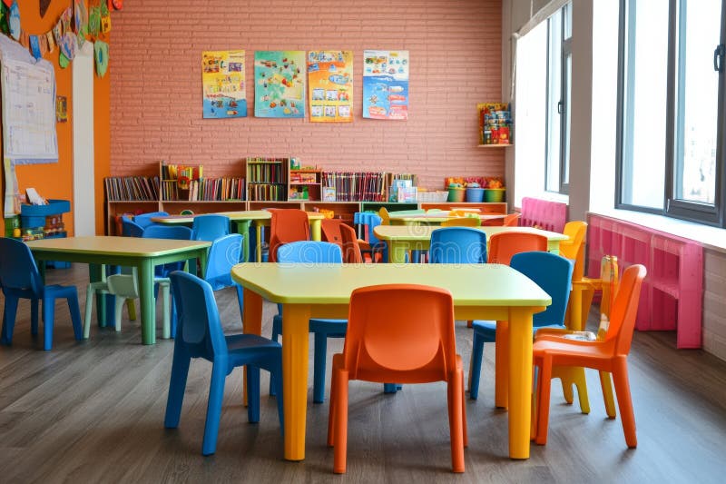 Colorful Tables and Chairs Arranged for Preschool Students To Study in
