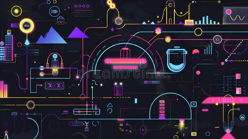 Colorful tech background with colorful objects and graphs, some with different numbers vector illustration