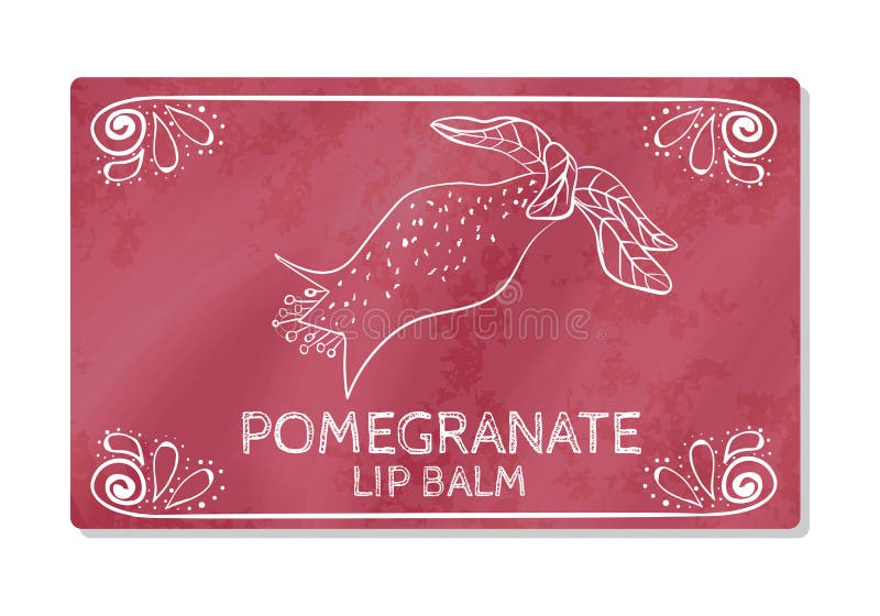 Colorful textured label, sticker for cosmetic products. The packaging design of the lipstick with the taste of pomegranate. Vector stock illustration Colorful textured label, sticker for cosmetic products. The packaging design of the lipstick with the taste of pomegranate. Vector stock illustration
