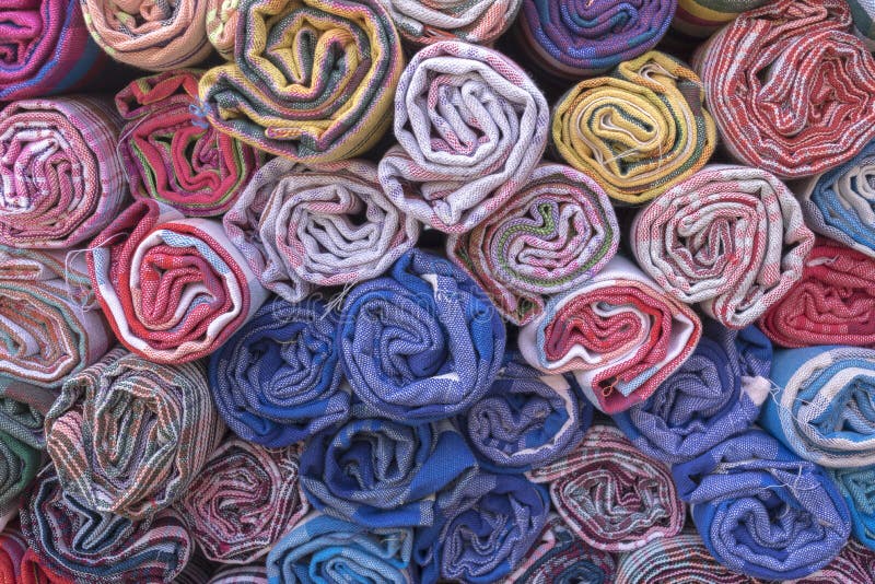 Colorful Thai Traditional Cotton Fabric Rolls, Texture and Baack Stock