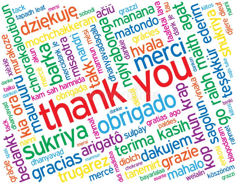 Colorful THANK YOU card with translations into many languages.