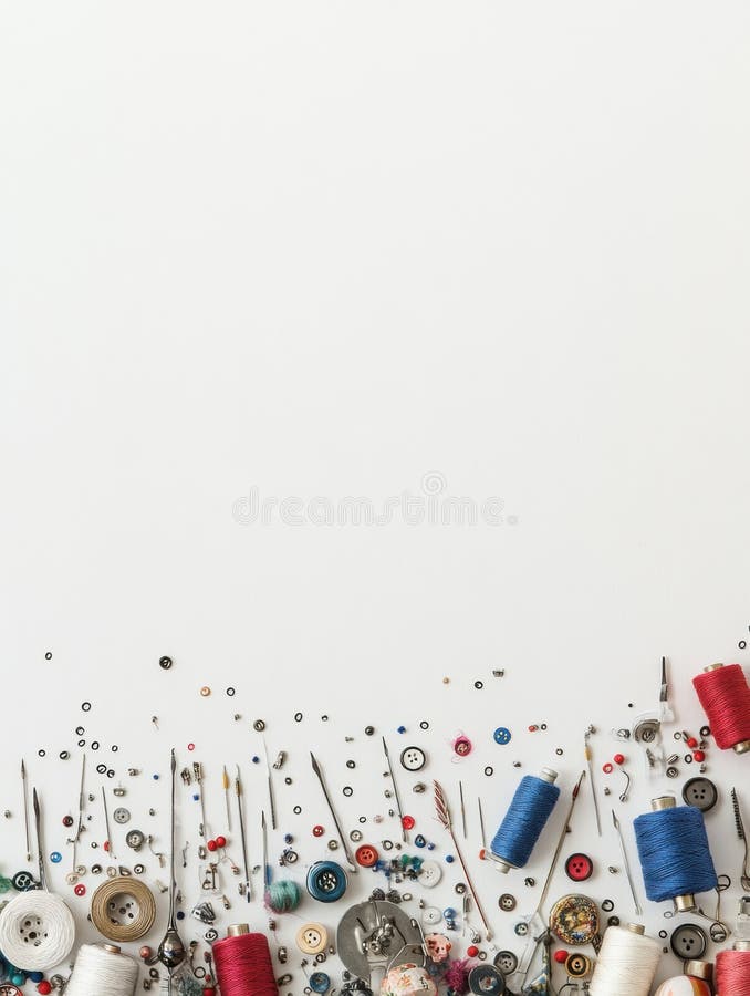 Colorful threads, buttons, and needles on a white background, ideal for all your creative sewing projects. Generative AI stock images