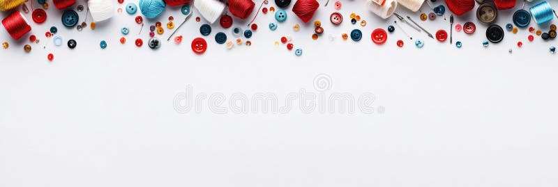 Colorful threads, buttons, and sewing needles are arranged on a white surface, creating a vibrant display perfect for stock images
