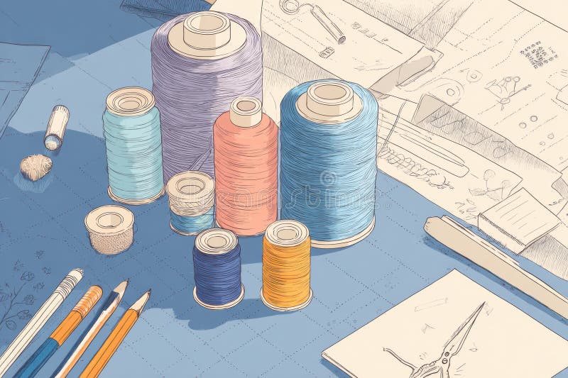 Sewing Workspace Layout Featuring Colorful Threads, Sketches, and Tools on a Light Background royalty free stock photo