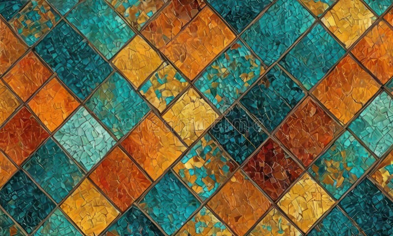 A colorful tile pattern is displayed in this image, with a blue tile on the left side and a yellow tile on the right sid stock illustration