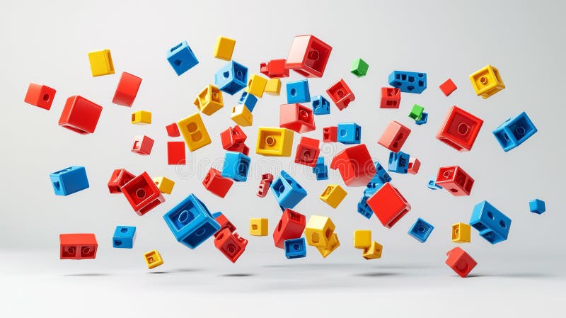 Colorful Toy Bricks in Midair 3D Render Playful Blocks Bright Floating Cubes Abstract Motion royalty free illustration