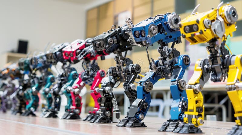 Colorful Toy Robots Lined Up in a Row on a Table stock illustration