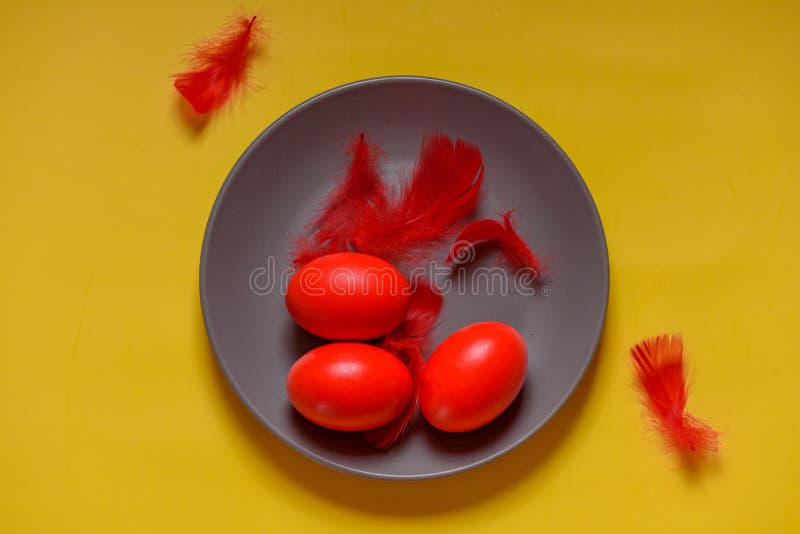 Colorful Traditional Painted Easter Eggs. Red Eggs, Yellow Background