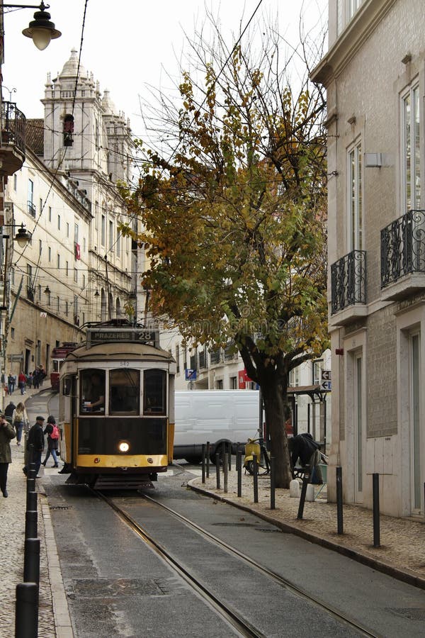 Colorful trams through the streets of Lisbon in Autumn. royalty free stock photos Colorful trams through the streets of Lisbon in Autumn. royalty free stock photos